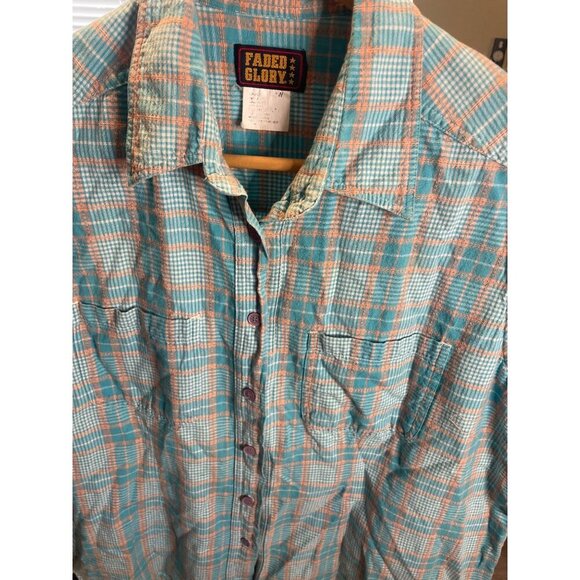 Faded Glory Blue and Orange Plaid Sleeveless Button Up Collared Top - Picture 4 of 6